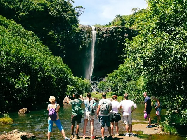 Un gruppo di escursionisti ammira una cascata alta circondata da vegetazione lussureggiante